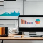 a desktop computer displaying colorful graphs and charts on the screen, with a notepad and a cup of coffee beside it.