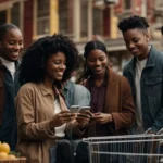a diverse group of people smiling as they all focus on a smartphone screen displaying a shopping cart icon.