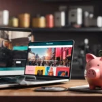 a sleek laptop displaying vibrant shopping website graphics next to a piggy bank symbolizing growth.