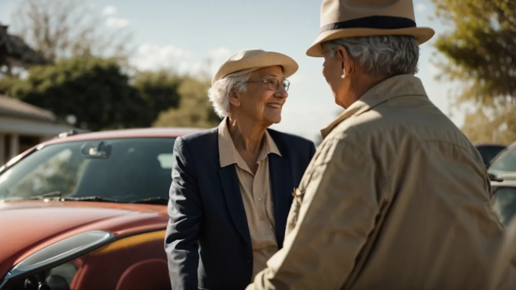 an elderly person is stepping into a car, being greeted by a friendly driver on a sunny day.