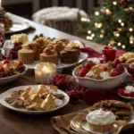 a table adorned with festive decorations and a spread of holiday treats welcomes guests.