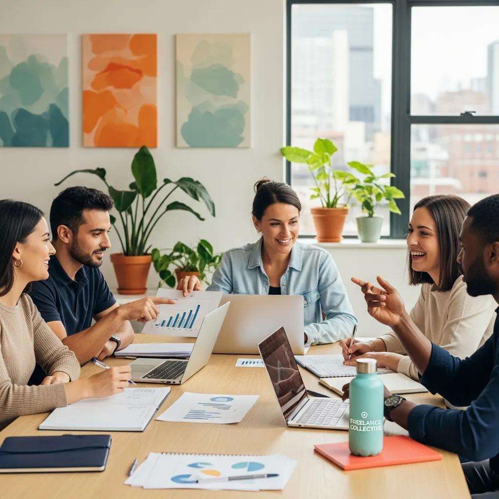 Group of freelancers collaborating in a modern office, highlighting the benefits of using an umbrella company